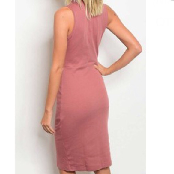 Mauve Choker Neck Fitted Stretch Knit Sleeveless Midi Dress Small Medium Large - Picture 2 of 2